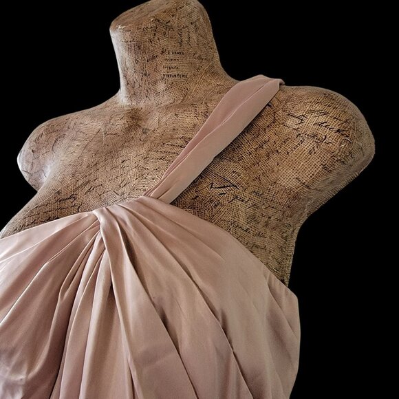 One-Shoulder Satin Midi Dress With Ruched Bodice In Blush Pink & Brown - Picture 3 of 12